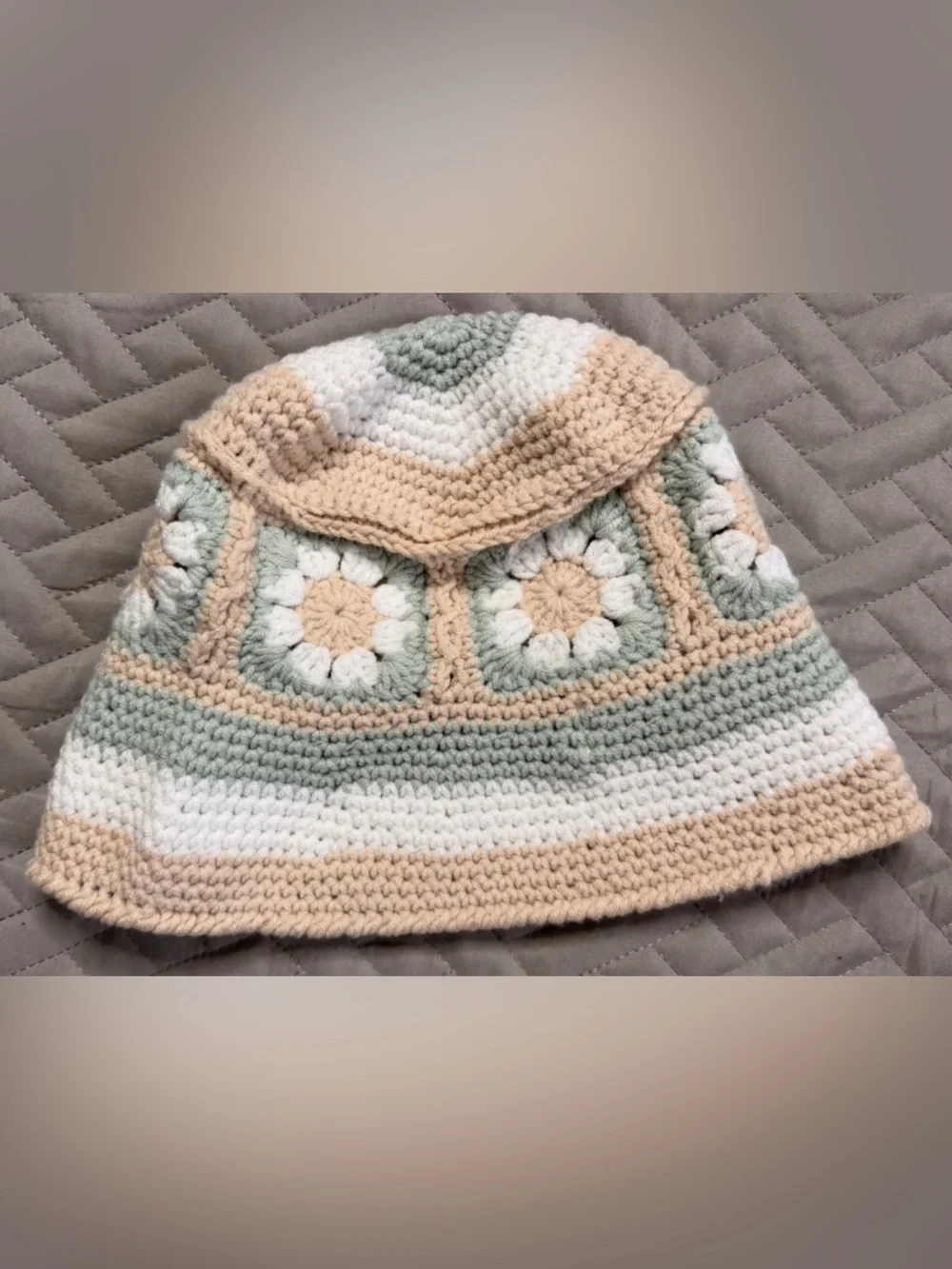 Handmade Crochet Bucket Hat in Cream, Sage & White